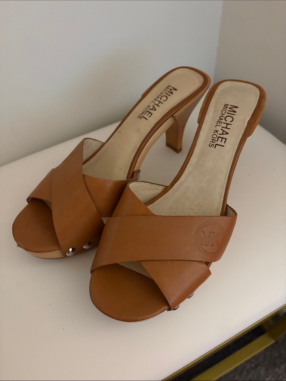 Michael Kors Brown Leather Crisscross Mule Heels